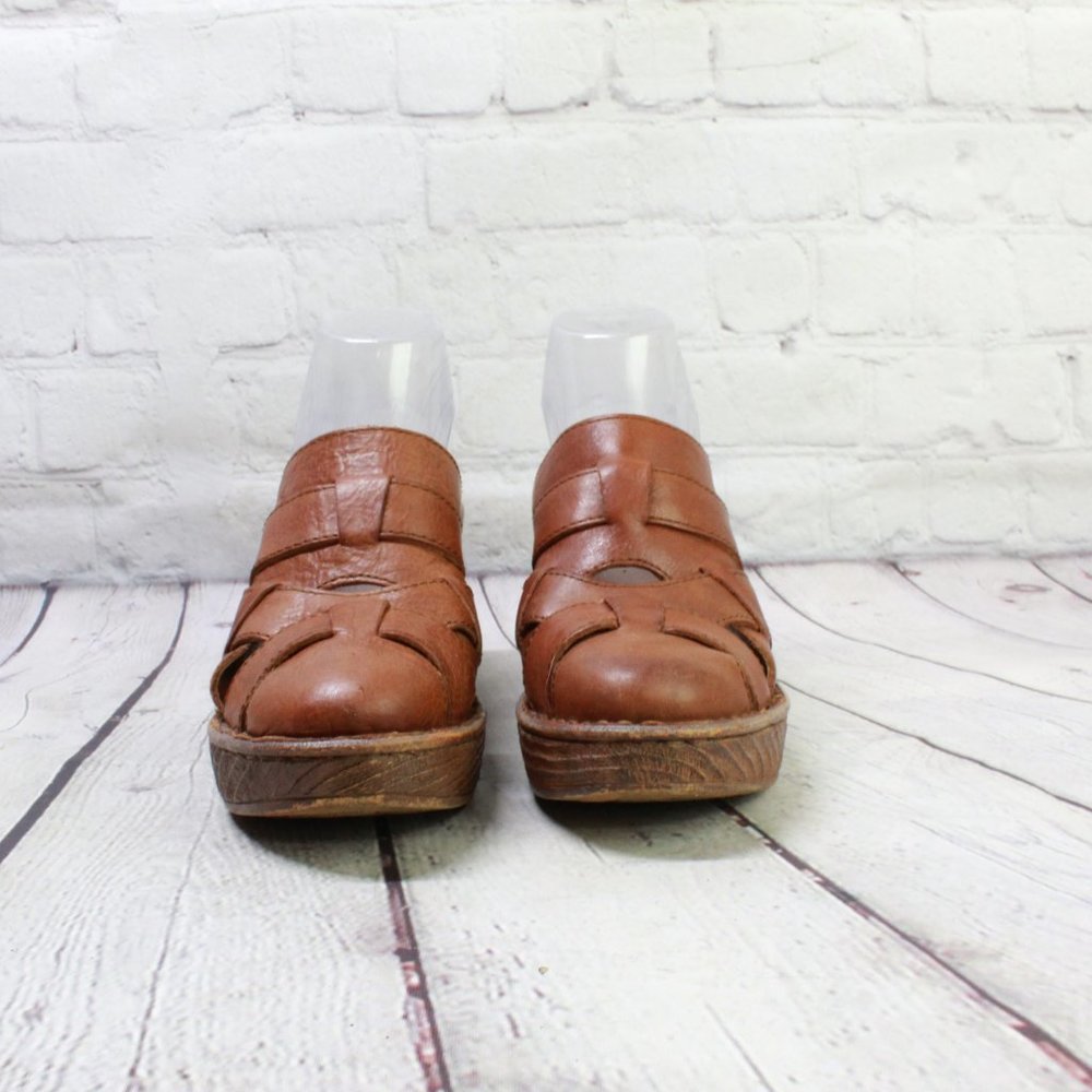 Born Brown Leather Slip On Woven Clogs Casual Heeled Mules Size 7 Medium - Picture 4 of 9